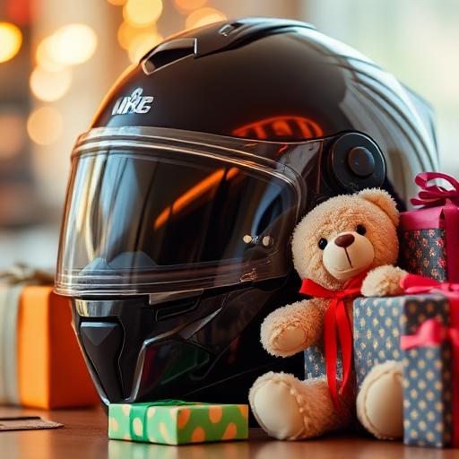 Casque de moto entouré d'une peluche et de cadeaux pour les enfants